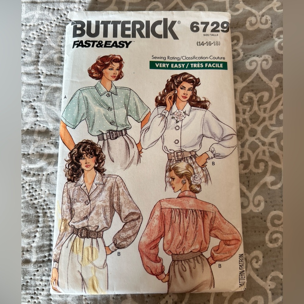 VINTAGE Butterick Couture Blouse #6729  Sizes 14/16/18 Previously CUT; Complete